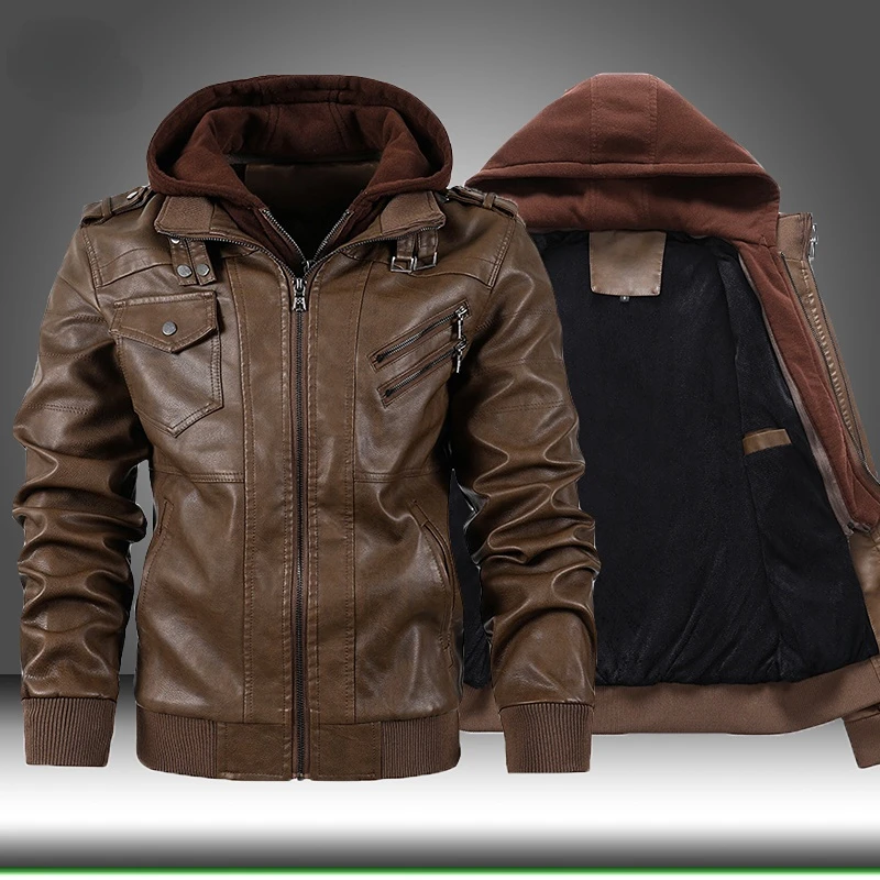 

Мужские Флисовые Куртки из искусственной кожи, мужские пальто с капюшоном, осенне-зимняя повседневная мотоциклетная куртка, Мужская теплая ветровка с подкладкой, байкерское пальто