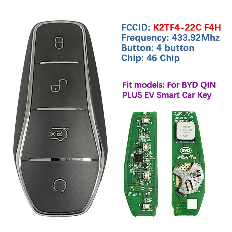 CN085004 Оригинальный 4-кнопочный смарт-ключ ID46 4A чип 433,92 МГц FSK K2TF4-22C F4H для BYD Qin Plus DM-i Qin Plus EV YUAN PLUS SON 
CN085004 Оригинальный 4-кнопочный смарт-ключ ID46 4A чип 433,92 МГц FSK K2TF4-22C F4H для BYD Qin Plus DM-i Qin Plus EV YUAN PLUS SON