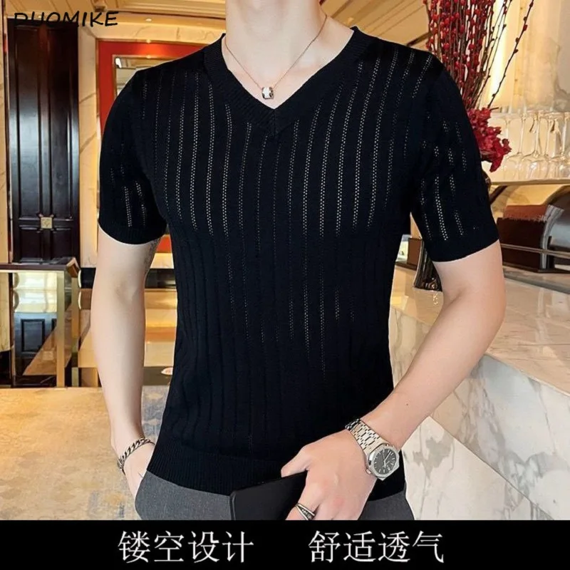 Summer V-neck Hollow Solid Knitted Short-sleeved T-shirt Men's Thin Ice Silk Slim-fit Short-sleeve Bottoming T-shirt
Summer V-neck Hollow Solid Knitted Short-sleeved T-shirt Men's Thin Ice Silk Slim-fit Short-sleeve Bottoming T-shirt