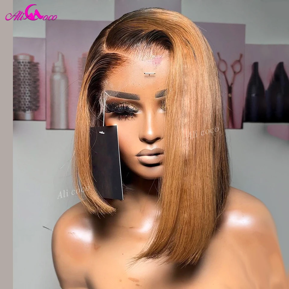 

Brown With Blonde Color Short Bob Wig 13x4 Lace Front Wigs Ombre Remy Hair Straight Human Hair Wig For Black Women 180 Density