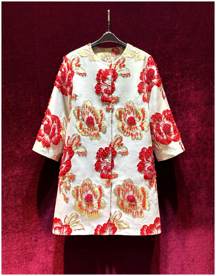 European and American women's clothing 2023 autumn new Nine minute sleeve heavy flower jacquard nail bead Fashion trench coat
European and American women's clothing 2023 autumn new Nine minute sleeve heavy flower jacquard nail bead Fashion trench coat