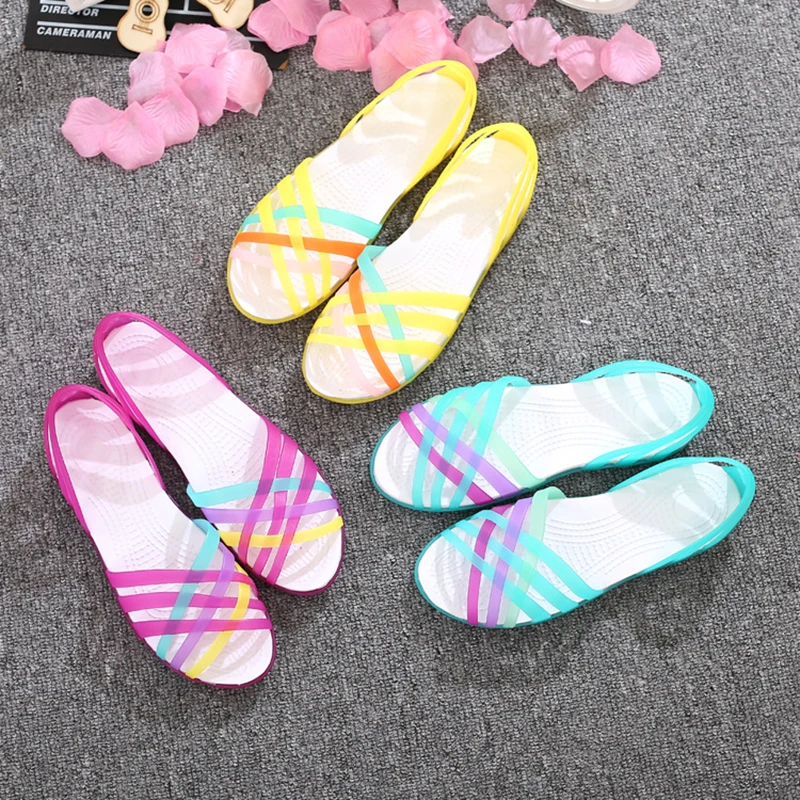 

Summer New Candy Rainbow Flats Women Sandals Jelly Shoes Peep Toe Vacation Beach Shoes Ladies Slides Hollow Out Flat Sandals