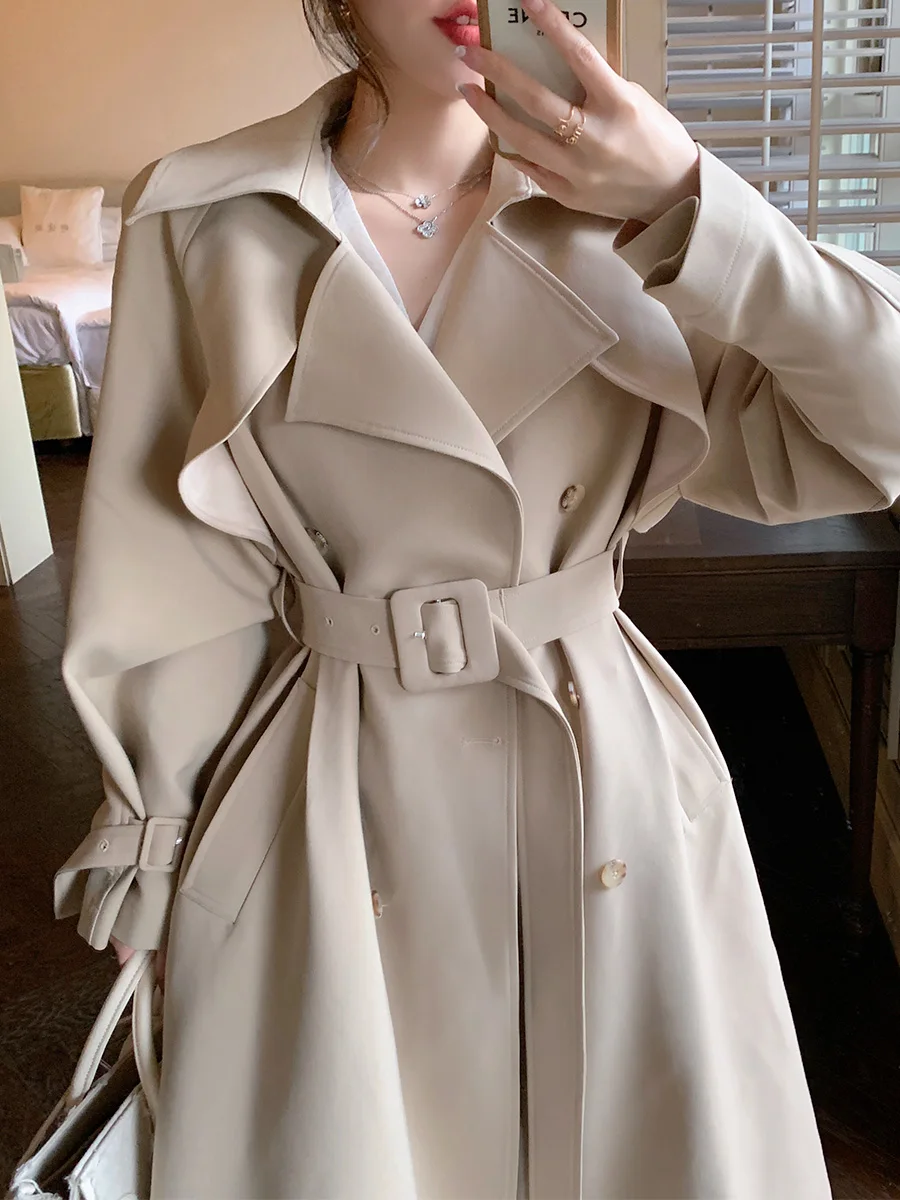 

Women's High-end Khaki Trench Coat Spring Autumn New Ladies Cloak Wear A Belt Satin Fabric Lined Trench Coat Female Windbreakers