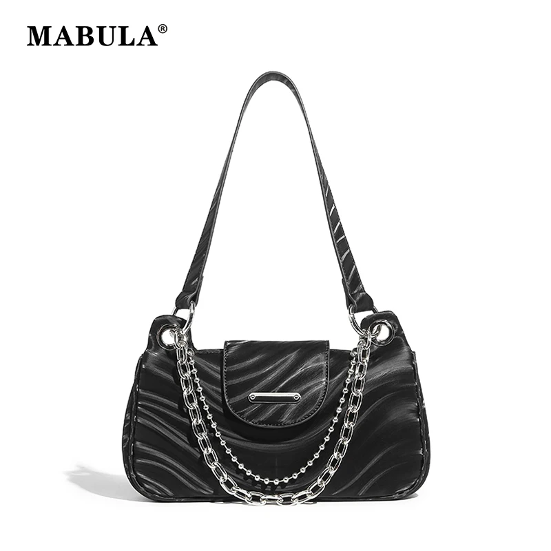 

MABULA Pleated Design Chain Shoulder Bag Vintage Black Underarm Hobo Purse Punk Women's Clutch Handbag Vegant Leather 2023