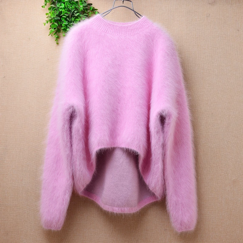 

Женская осенне-зимняя одежда, милый розовый пушистый норковый кашемировый вязаный короткий Свободный пуловер, джемпер из ангоры, свитер