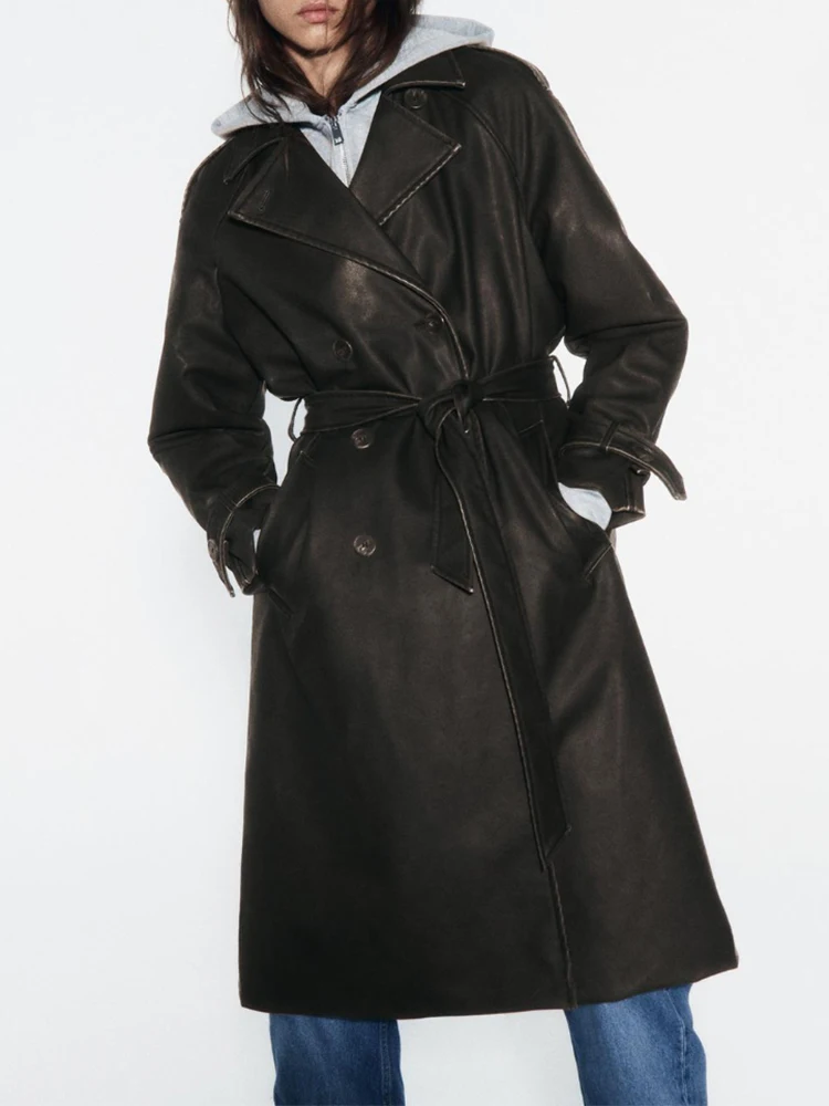 Fitaylor, новинка, весна-осень, женская уличная длинная куртка из искусственной кожи, Тренч, Женская винтажная мода, двубортное пальто из искусственной кожи на шнуровке
Fitaylor, новинка, весна-осень, женская уличная длинная куртка из искусственной кожи, Тренч, Женская винтажная мода, двубортное пальто из искусственной кожи на шнуровке