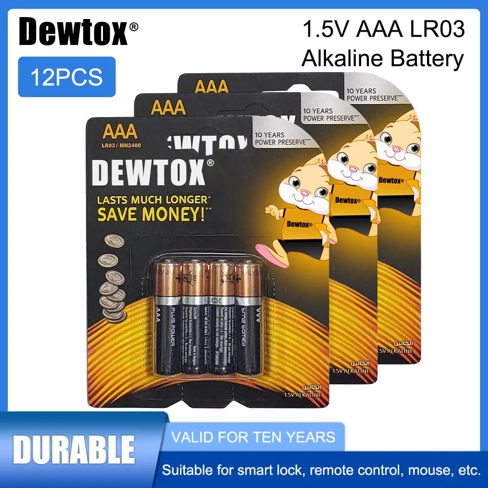 

12PCS Original DEWTOX 1.5V AAA Alkaline Battery LR03 For Electric toothbrush Toy Flashlight Mouse clock Dry Primary Battery