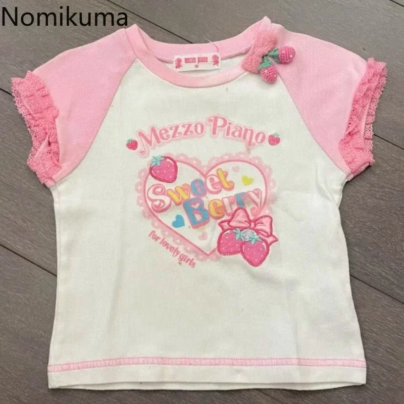 2024 женские футболки Ropa Mujer укороченные топы с вышивкой клубники короткими