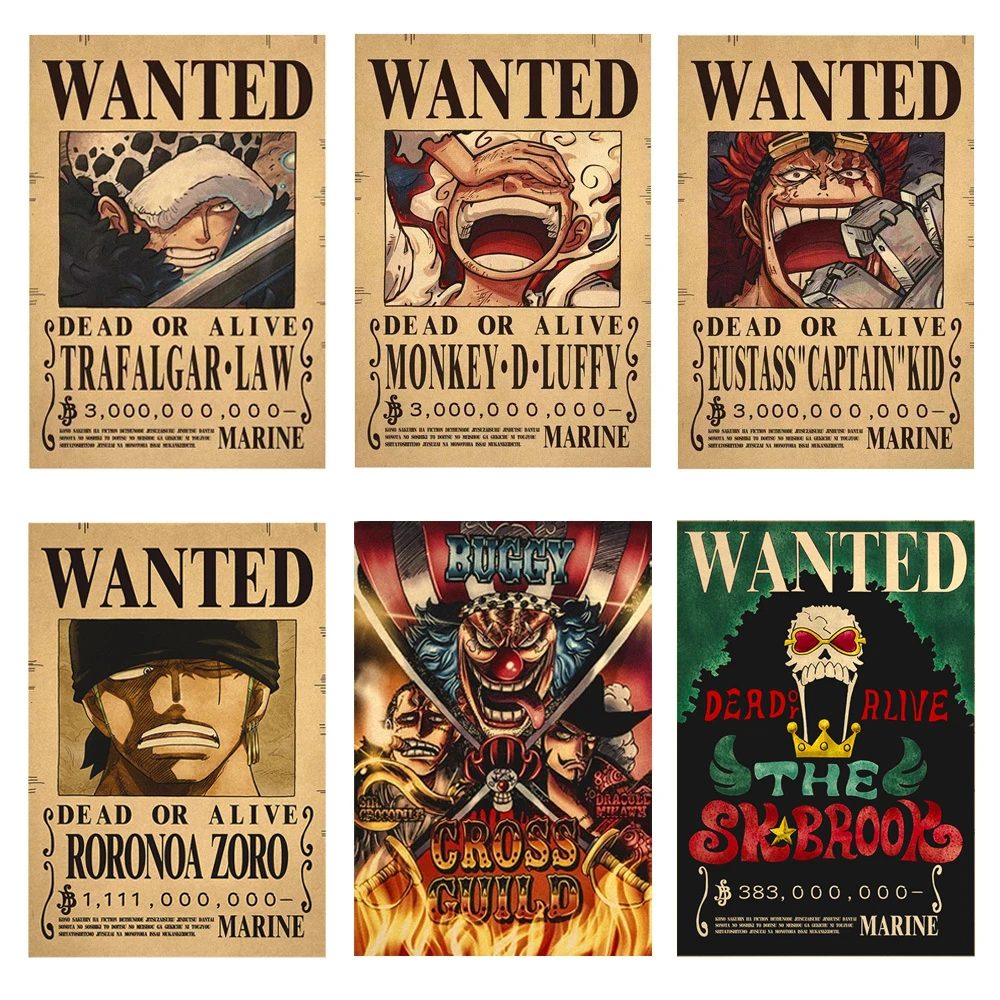 

Anime New One Piece Luffy 3 Billion Bounty Wanted Posters Four Emperors Kid Action Figures Vintage Wall Decoration Poster Gifts