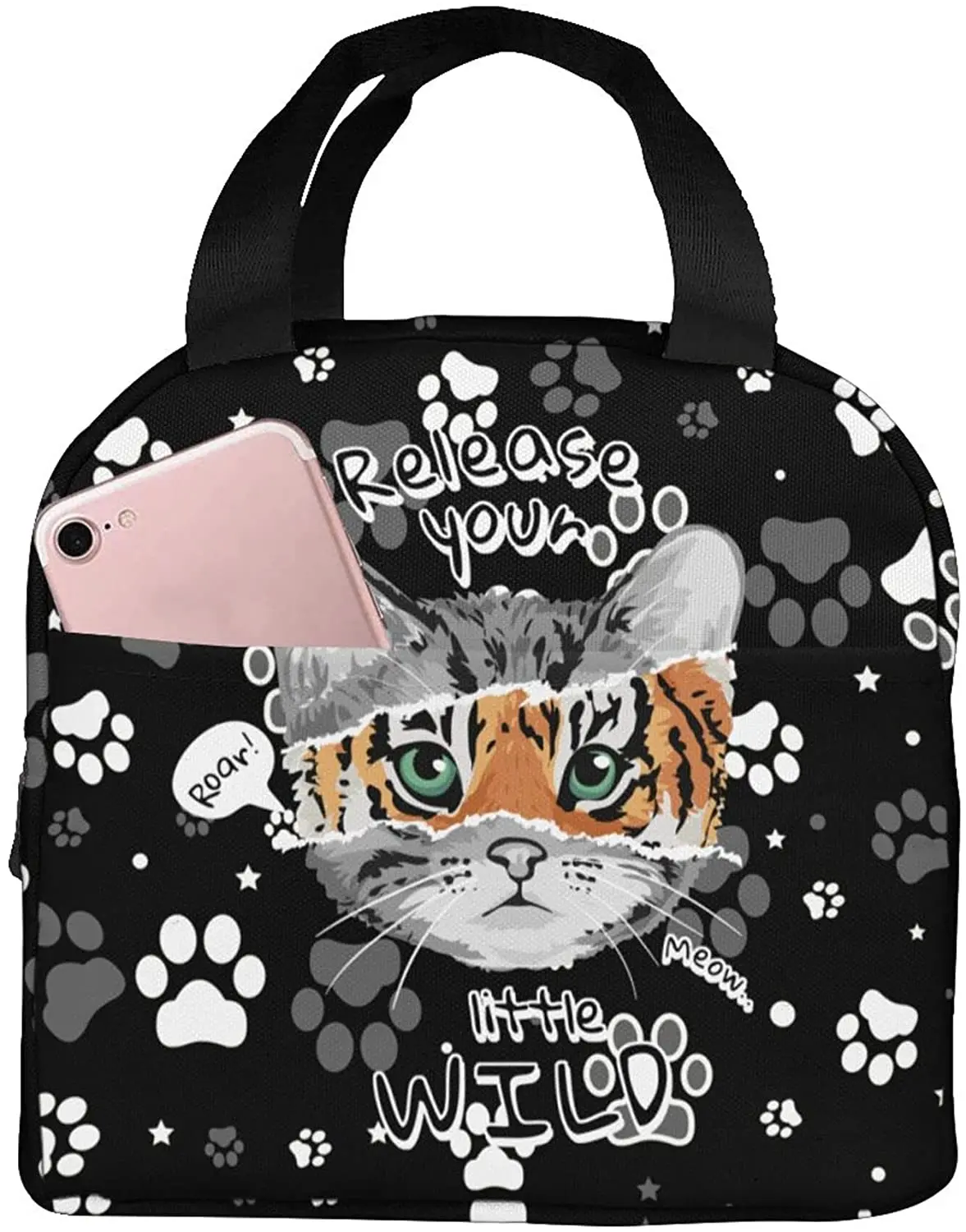 Ланч-бокс с изображением тигра и кота, Женский/мужской черный тоут с карманом спереди для работы, пикника, путешествий 
Ланч-бокс с изображением тигра и кота, Женский/мужской черный тоут с карманом спереди для работы, пикника, путешествий
