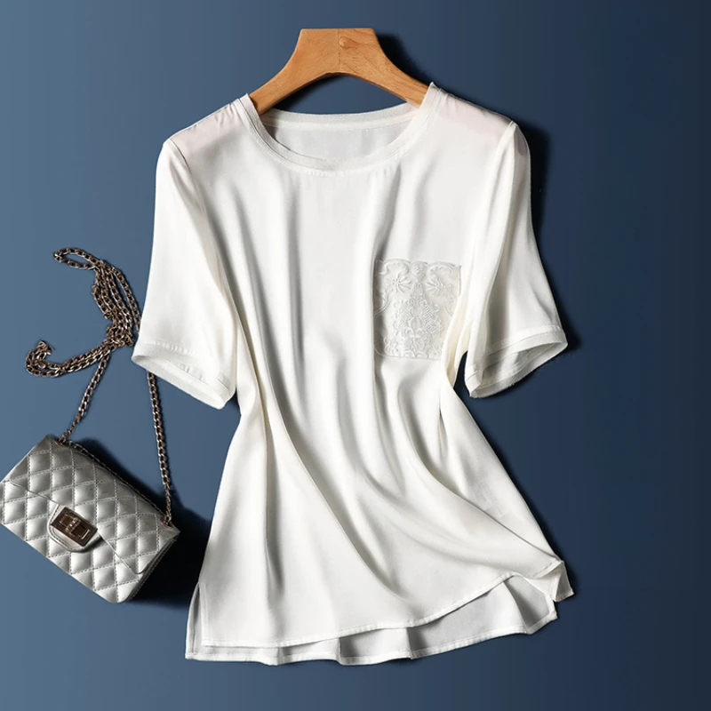 Silk Women's T-shirt Summer 2023 New Solid Loose Satin Tees Short Sleeves Top Ladies O-neck Embroidery Clothing YCMYUNYAN
Silk Women's T-shirt Summer 2023 New Solid Loose Satin Tees Short Sleeves Top Ladies O-neck Embroidery Clothing YCMYUNYAN