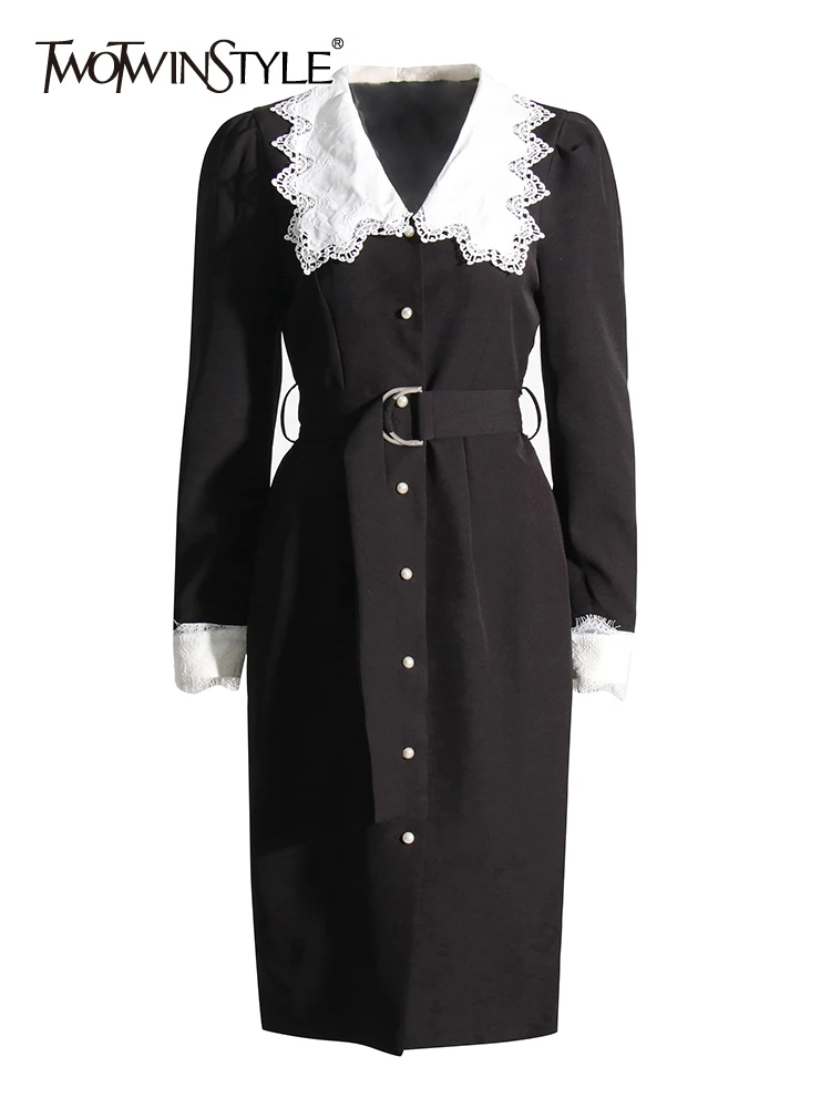 TWOTWINSTYLE Hit Color Dresses For Women Lapel Long Sleeve High Waist Folds Patchwork Lace Up Elegant Dress Female Autumn 2022
TWOTWINSTYLE Hit Color Dresses For Women Lapel Long Sleeve High Waist Folds Patchwork Lace Up Elegant Dress Female Autumn 2022