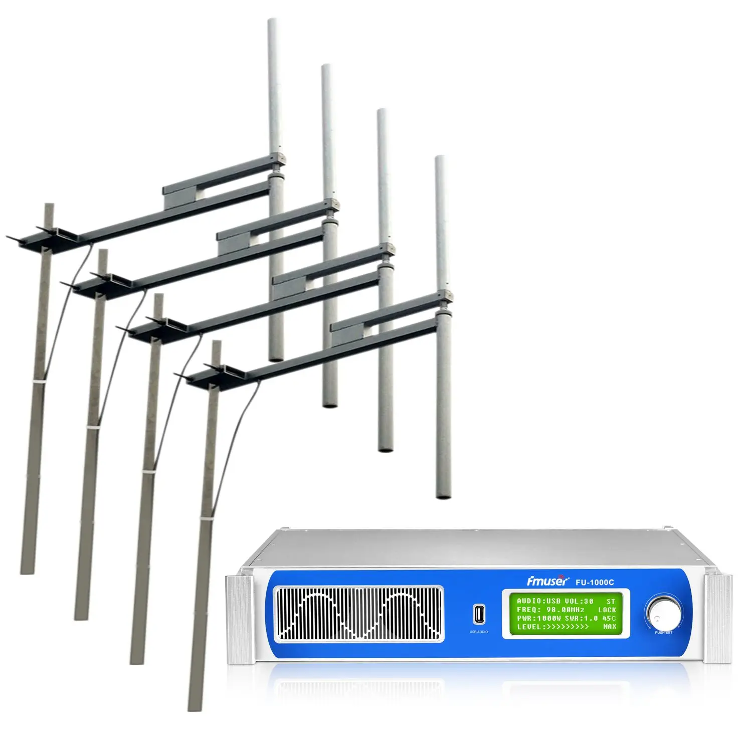 FMUSER 1000Watts FU-1000C 1KW FM Transmitter Broadcasting Radio With Four Bays FU-DV2 Antennas 98Ft Cable For FM Station
FMUSER 1000Watts FU-1000C 1KW FM Transmitter Broadcasting Radio With Four Bays FU-DV2 Antennas 98Ft Cable For FM Station