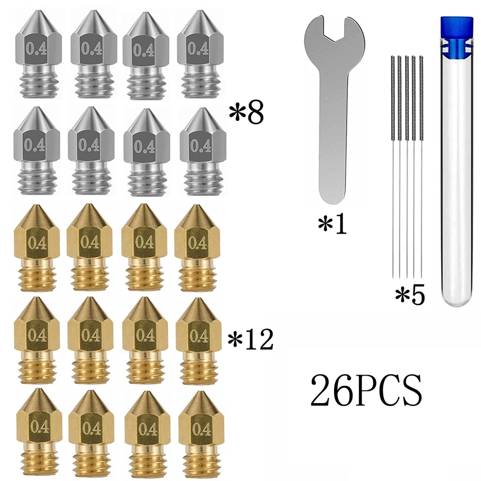 

3D Printer Nozzles 26PCS Hardened Steel Brass MK8 Nozzles 0.4MM with Cleaning Tool Kit for Makerbot Creality CR-10/ Ender 3/5