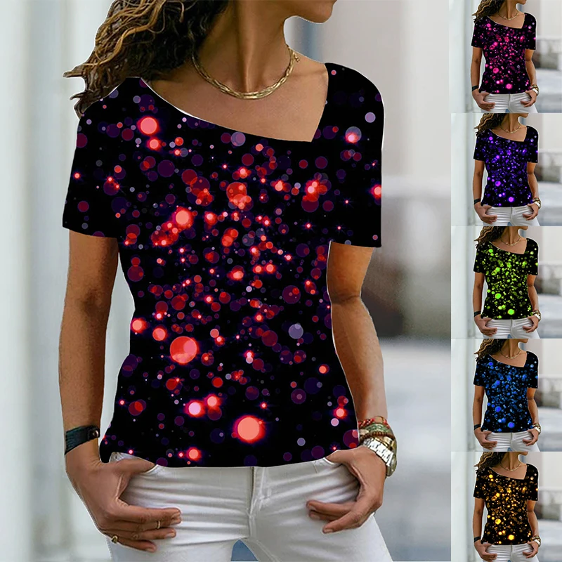 

Новинка 2022, летняя женская модная футболка с абстрактным геометрическим принтом и V-образным вырезом, базовые Топы/рубашка с 3D искусственны...