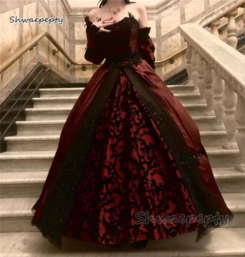 

Gothic Victorian Wedding Dresses Black And Dark Red A Line Vintage Bridal Gowns Lace Appliques Off The Shoulder Long Sleeves