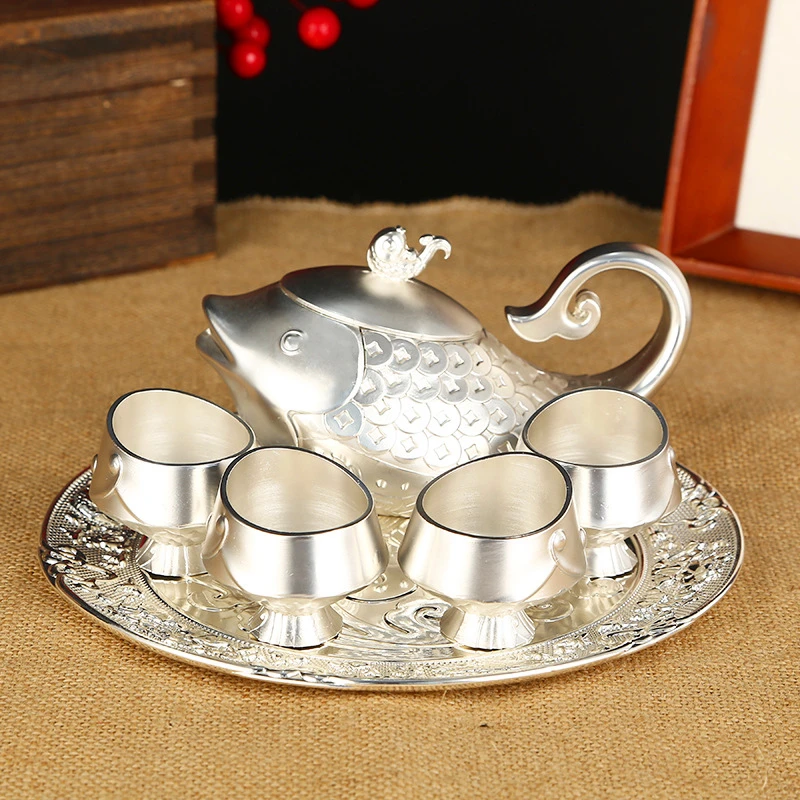 

6-piece European Tea Cup Set Alloy Plating Small Fish Tea Set Household portable retro style teapot Tea set Kitchen