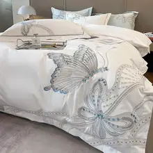White Egypt Cotton Luxury Butterfly Embroidery Bedding Set Duvet Cover Bed Linen Sheet Pillowcase Double King Size Quilt Covers