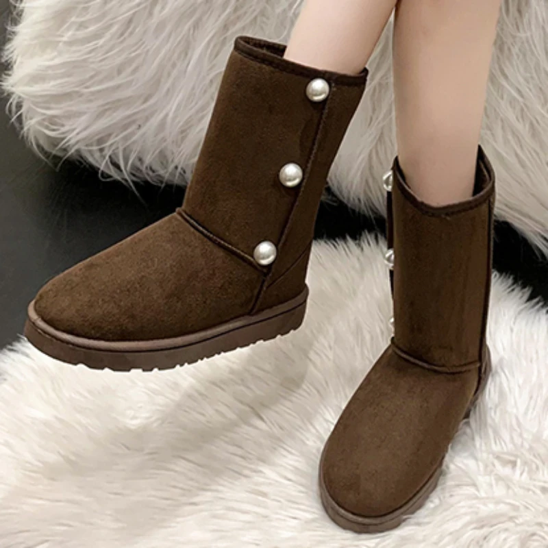 

Ladies Shoes 2023 Fashion Slip on Women's Boots Winter Round Toe Solid Flock Plush Warm Low-heeled Concise Mid Calf Snow Boots