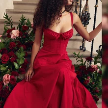 suninheart Elegant A Line Midi Dress Sexy Spaghetti Strap Lace Up Red Holiday Party Dresses Split Summer Dresses Women 2023
