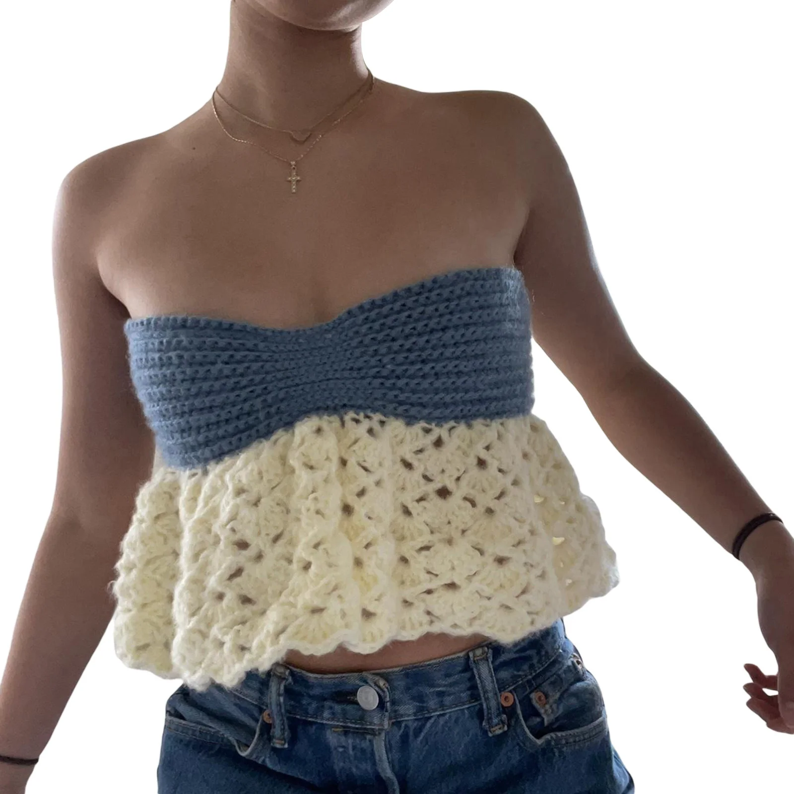 

2023 Autumn Women Knitted Tube Y2K Basics Camis Contrast Color Strapless Hollow Out Wrap Chest Tank Summer Backless Bandeau Tops