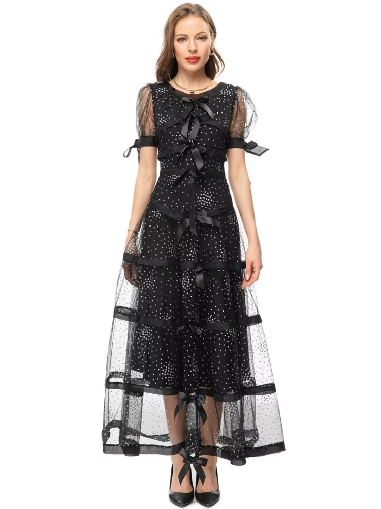 Ladies Summer New High Quality Fashion Black Milky White Bow Nail Bead Mesh Unique Chic Sweet Party Celebrity Runway Long Dress
Ladies Summer New High Quality Fashion Black Milky White Bow Nail Bead Mesh Unique Chic Sweet Party Celebrity Runway Long Dress