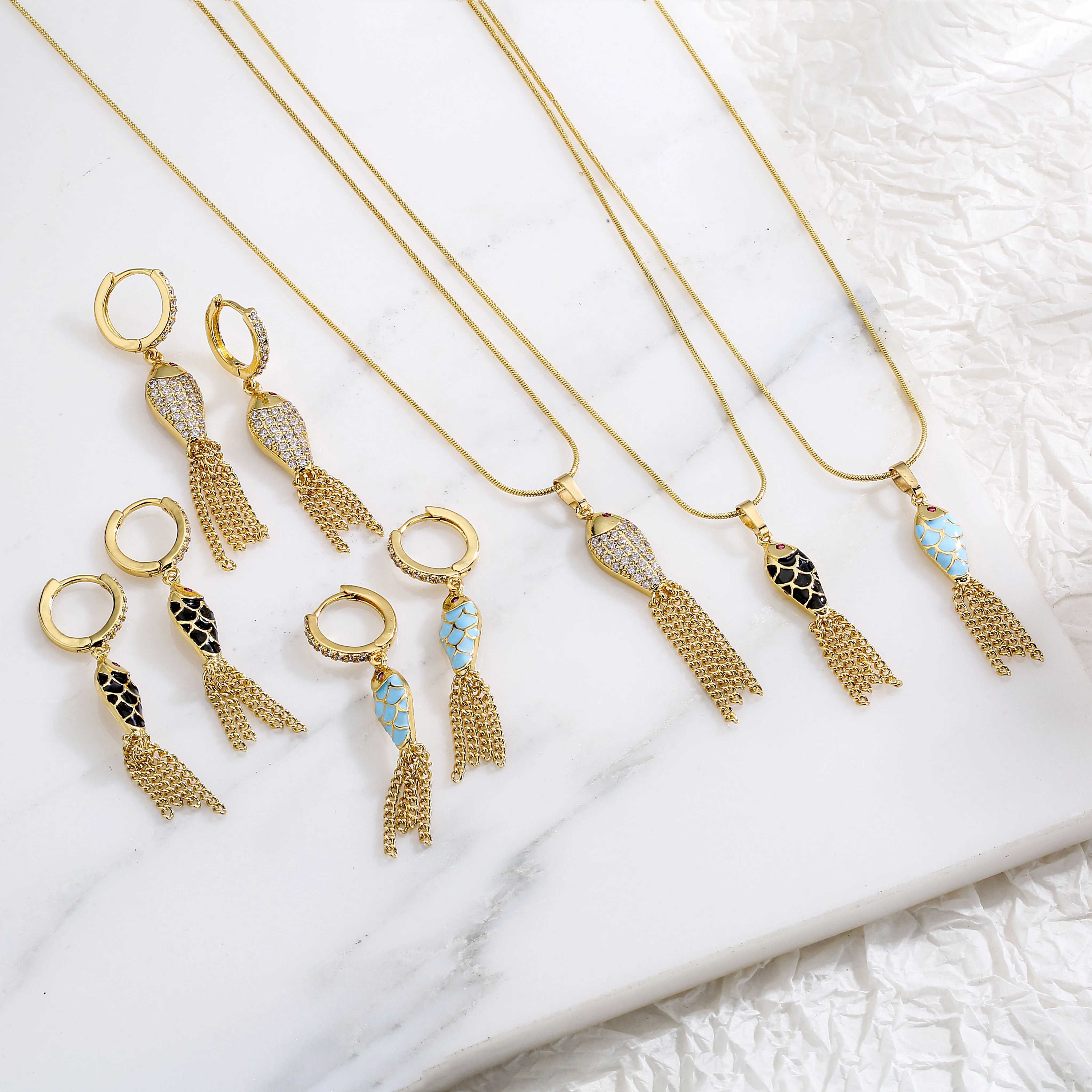 HECHENG,Enamel Fish Necklace Earrings Set,CZ Cooper 18KPlated Cyprinoid Koi Lucky Necklace Earrings for Women Girls, Jewelry Set
HECHENG,Enamel Fish Necklace Earrings Set,CZ Cooper 18KPlated Cyprinoid Koi Lucky Necklace Earrings for Women Girls, Jewelry Set