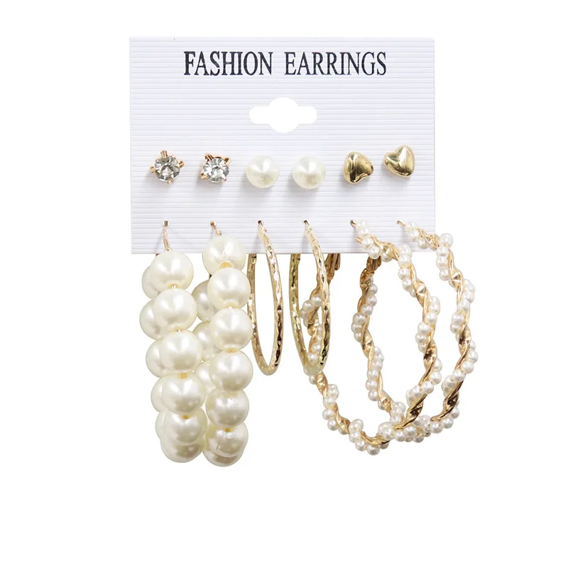 

Pearl Earring Set Exaggerated Combination Metal Texture Love Twisted Irregular Earring Jewelry for Women