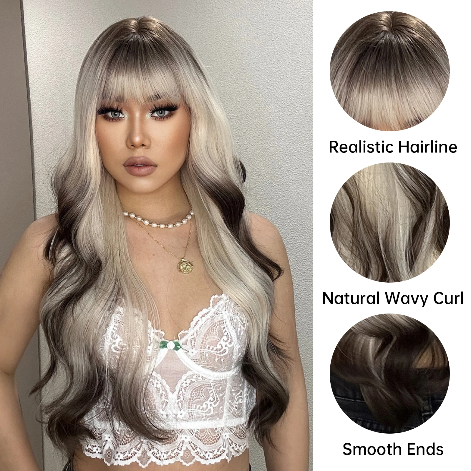 

LOUIS FERRE Black Brown Ash Blonde Ombre Synthetic Wigs for Afro Women Long Wavy Wigs With Bangs Party Cosplay Natural Fake Hair