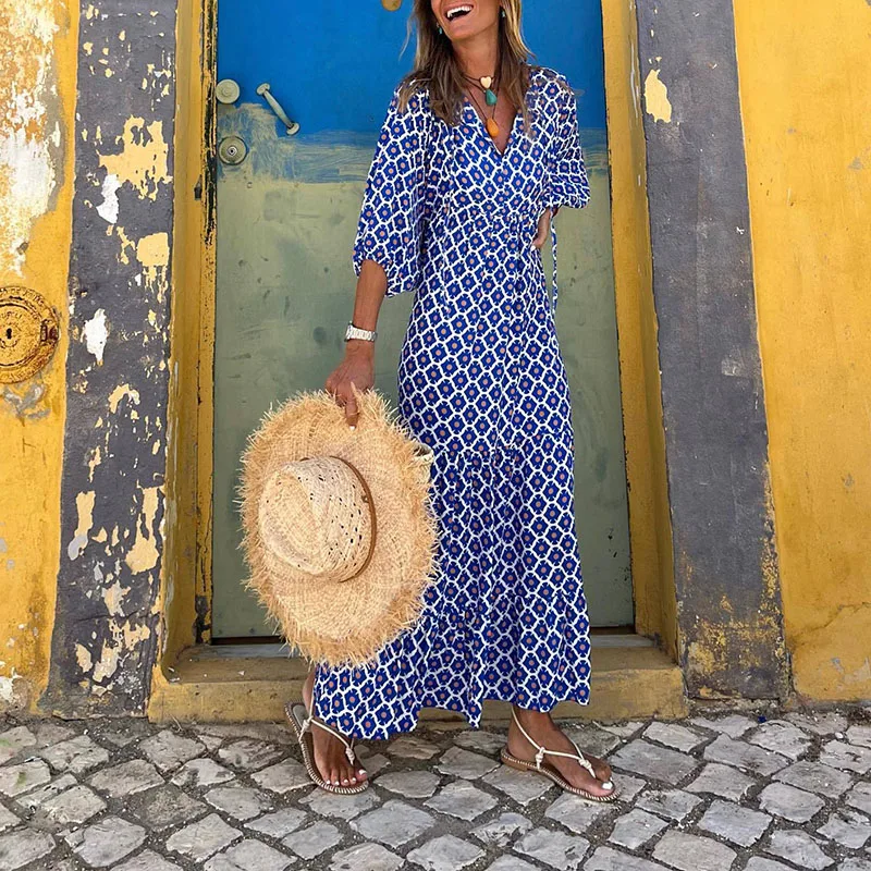 Elegant Deep V Neck Boho Long Dress Women Casual 3/4 Lantern Sleeve Loose Party Dress Vintage Rhombus Print Beach Dress Vestidos
Elegant Deep V Neck Boho Long Dress Women Casual 3/4 Lantern Sleeve Loose Party Dress Vintage Rhombus Print Beach Dress Vestidos