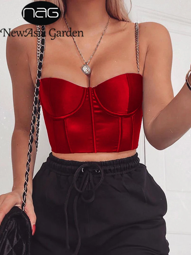 Женский укороченный топ-бюстье NewAsia, черный укороченный топ на бретельках с цепочкой, повседневный атласный черный укороченный топ 2020 
Женский укороченный топ-бюстье NewAsia, черный укороченный топ на бретельках с цепочкой, повседневный атласный черный укороченный топ 2020