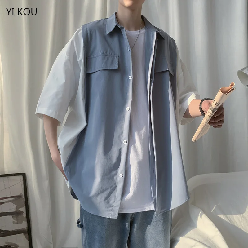 

New Fake Two-piece Five-point-sleeved Shirt Casual Jacket All-match Trend Hong Kong Style Short-sleeved Tooling Lining