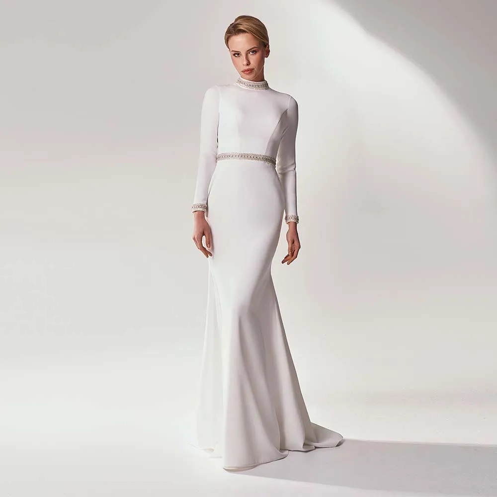 Modern Wedding Dresses High Collar Long Sleeve Lace Appliques Bride Dress 2022 Simple Satin Zipper Bridal Gown For Women Custom
Modern Wedding Dresses High Collar Long Sleeve Lace Appliques Bride Dress 2022 Simple Satin Zipper Bridal Gown For Women Custom