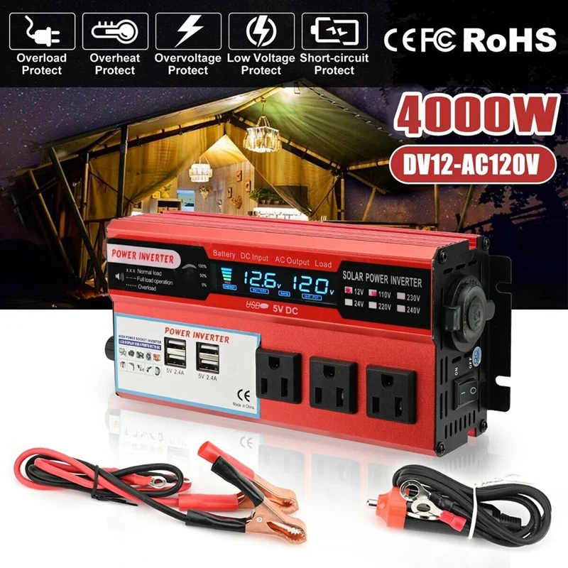 4000W Car Power Inverter Sine Wave DC 12V To AC 110V 120V Solar Converter 4 USB Converter US Plug
4000W Car Power Inverter Sine Wave DC 12V To AC 110V 120V Solar Converter 4 USB Converter US Plug