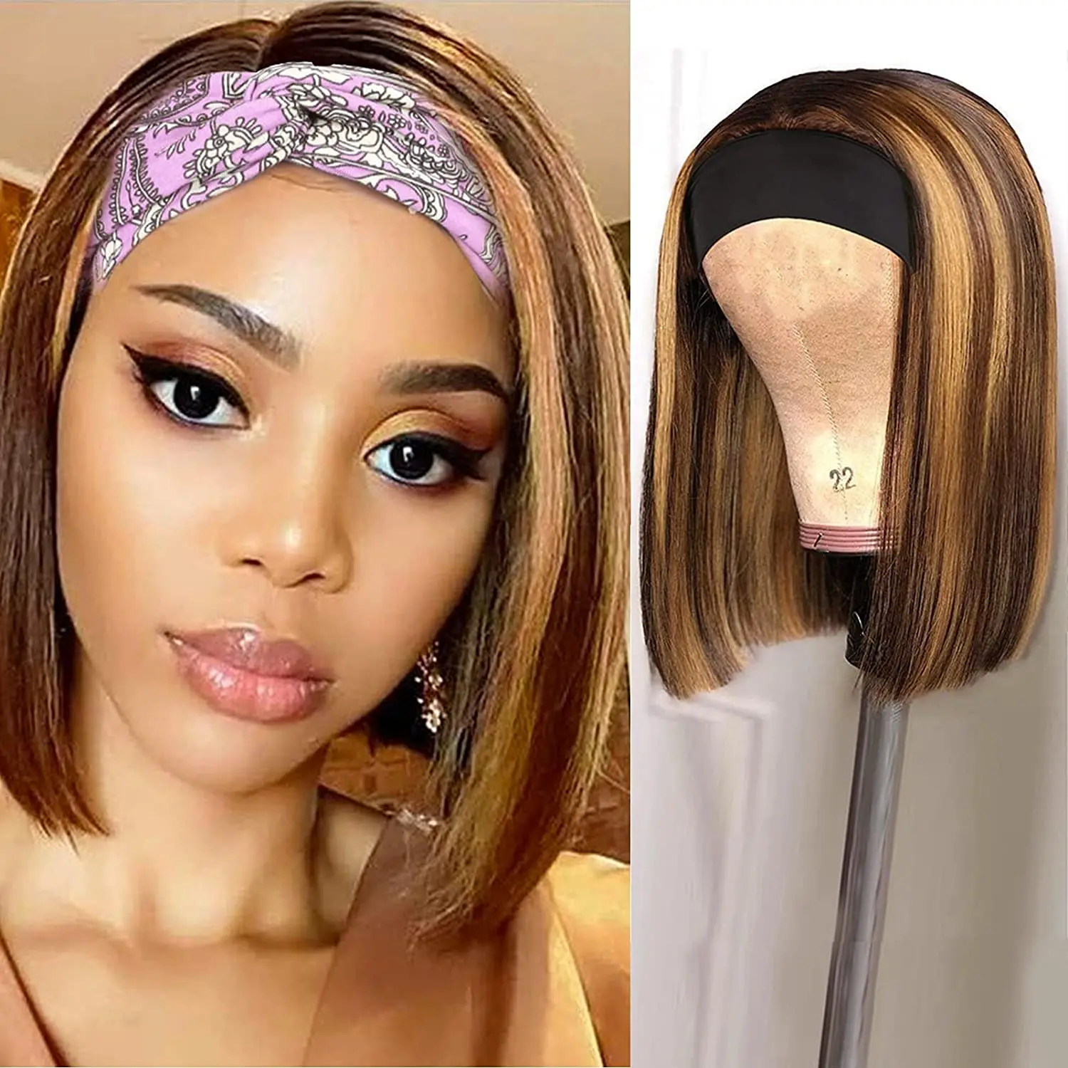 

Highlight Short Bob Headband Wigs Human Hair P4/27 Ombre Brown Blonde Wig for Women Brazilian Glueless Straight Bob Headband Wig