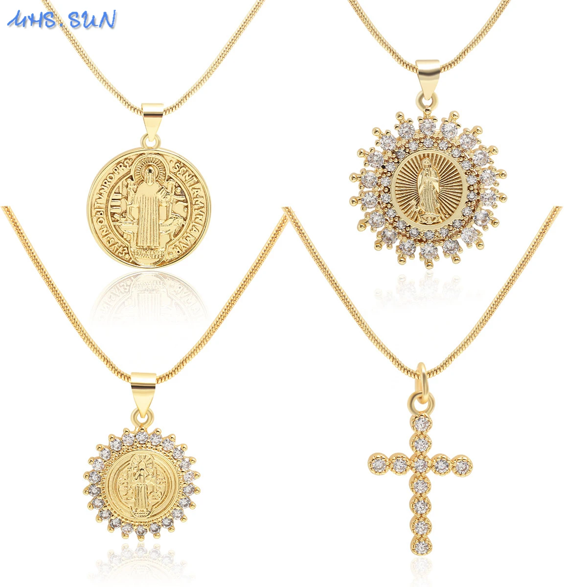 

MHS.SUN Heart Virgin Mary Cross Stackable Pendant Necklace AAA Zircon Religious Gold Color Clavicle Chain Women Girls Jewelry