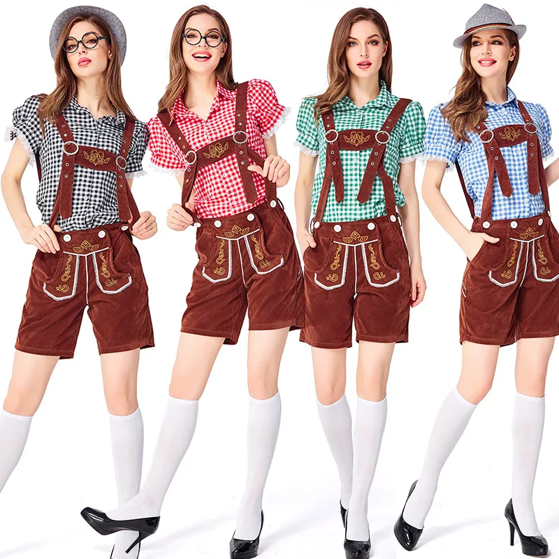 

Женский немецкий костюм на Октоберфест, вышитые подтяжки Lederhosen и клетчатая рубашка, Костюм баварского карнавала, косплей, вечернее платье