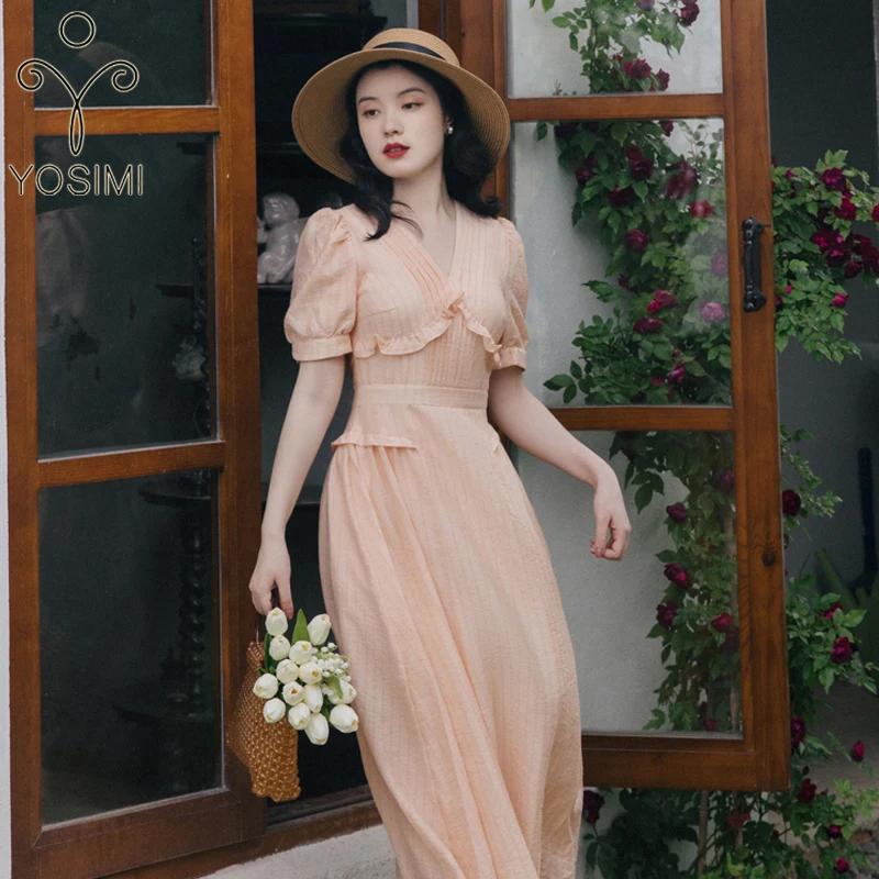 YOSIMI Dress Women Elegant Cotton V-neck Vintage Pink Dress 2022 Summer Mid-calf Short Sleeve Dress Birthday Dress for Women
YOSIMI Dress Women Elegant Cotton V-neck Vintage Pink Dress 2022 Summer Mid-calf Short Sleeve Dress Birthday Dress for Women