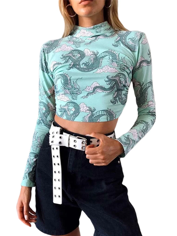 

Women Dragon Pattern Print Crop T-shirts Tops Long Sleeve Backless Sexey Tees Top Women Cropped Skinny Elastic Clothing