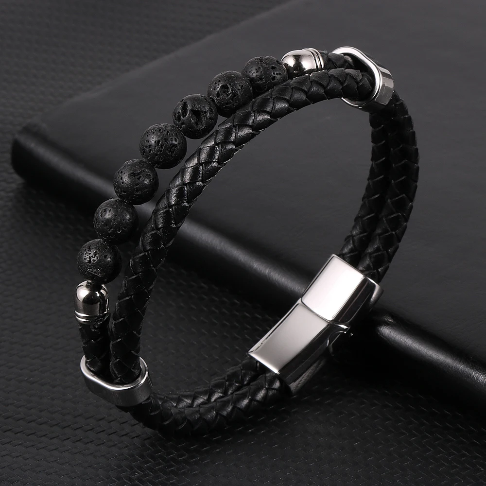 Hot Sale Men Cowhide Leather Layers Wristband Stainless Steel Buckle Jewelry Natural Lava Volcanic Tiger Eye Beaded Bracelets
Hot Sale Men Cowhide Leather Layers Wristband Stainless Steel Buckle Jewelry Natural Lava Volcanic Tiger Eye Beaded Bracelets