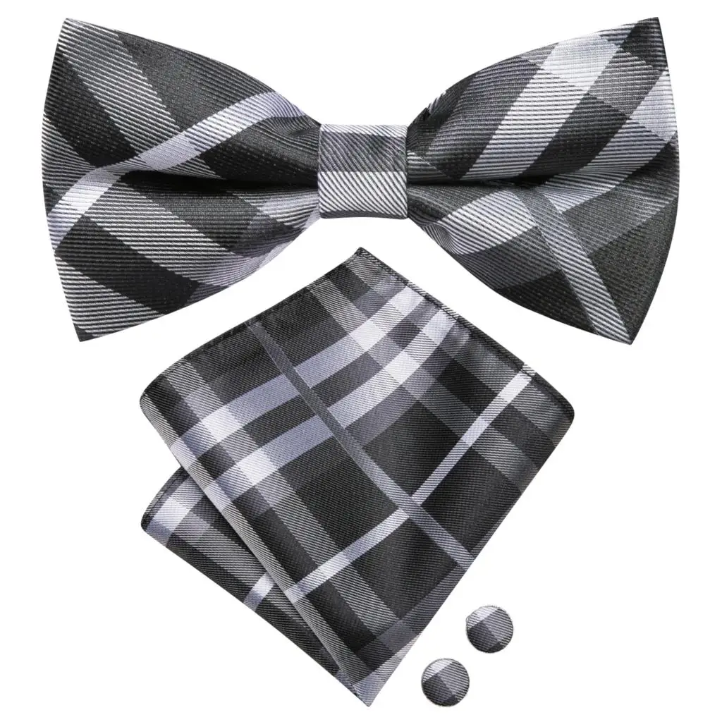 Hi-Tie Grey Plaid Mens Bow Tie Hankerchief Cufflink Pre-tied Silk Butterfly Knot Bowtie for Male Business Party Wholesale
Hi-Tie Grey Plaid Mens Bow Tie Hankerchief Cufflink Pre-tied Silk Butterfly Knot Bowtie for Male Business Party Wholesale