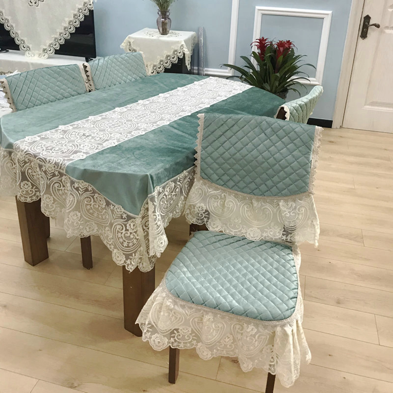 Скатерти из полиэстера, водонепроницаемые чехлы для стола, кружевной зеленый обеденный стол, кофейный столик 
Скатерти из полиэстера, водонепроницаемые чехлы для стола, кружевной зеленый обеденный стол, кофейный столик
