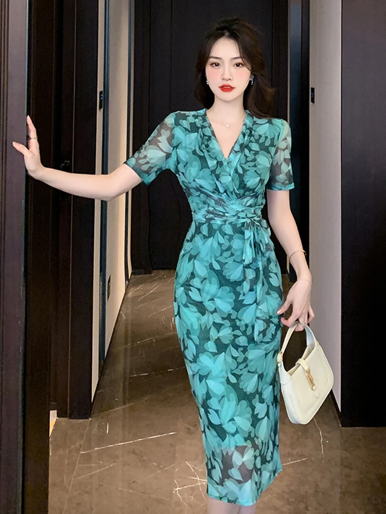 Women's Elegant Vintage Dress Woman Green Pink Flower Mesh Short Sleeve Bandage Bodycon Midi Robe Street Clothes Vestidos Mujer
Women's Elegant Vintage Dress Woman Green Pink Flower Mesh Short Sleeve Bandage Bodycon Midi Robe Street Clothes Vestidos Mujer