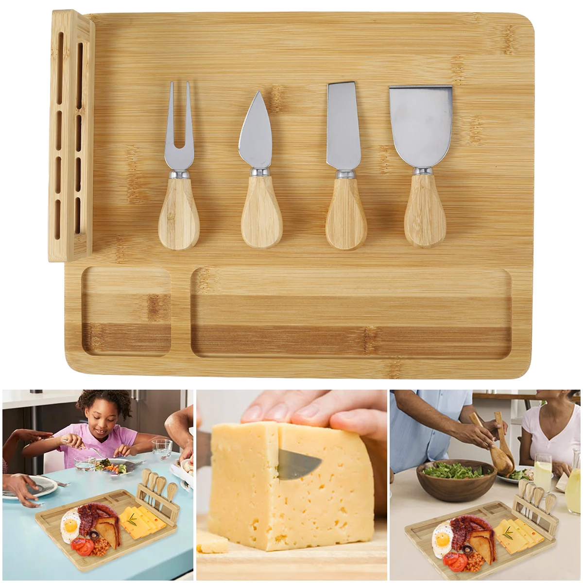 Бамбуковая доска для сыра с набором ножей, слайсер для сыра, блюдо для сыра, Бамбуковая разделочная доска, доска для фруктов и еды, кухонные и... 
Бамбуковая доска для сыра с набором ножей, слайсер для сыра, блюдо для сыра, Бамбуковая разделочная доска, доска для фруктов и еды, кухонные и...