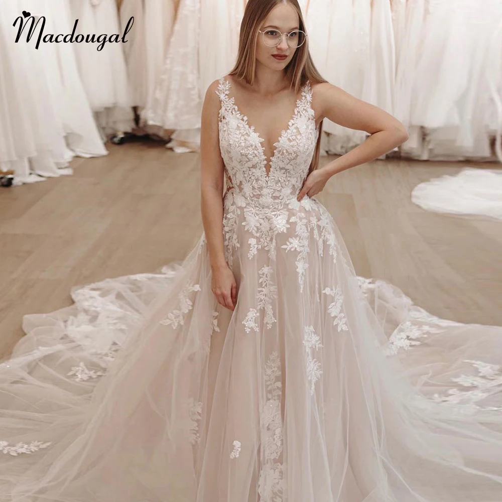 MACDOUGAL Classic V-neck Wedding Gown For Bride Lace Appliques Sequined A-line Court Train Backless Robe De Mariée Made To Order
MACDOUGAL Classic V-neck Wedding Gown For Bride Lace Appliques Sequined A-line Court Train Backless Robe De Mariée Made To Order