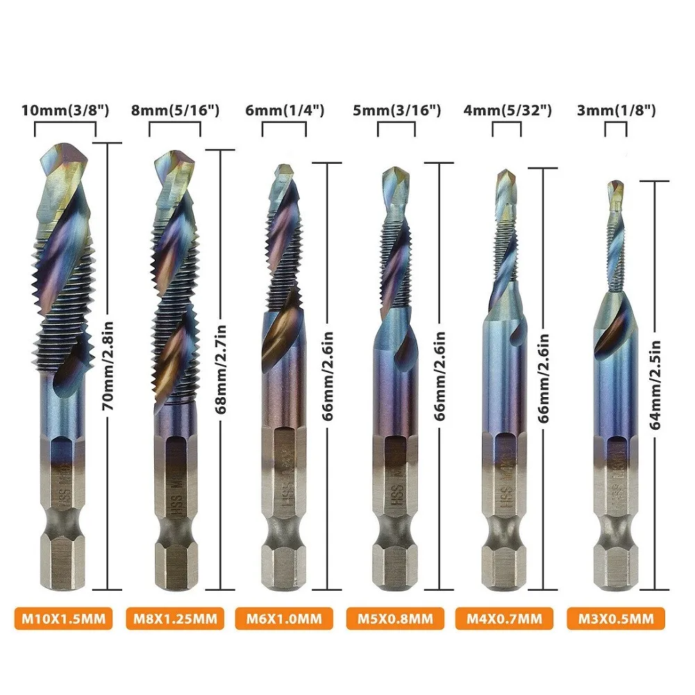 12 Pieces M3 M4 M5 M6 M8 M10 Composite Hex Shank High Speed Steel Metric Screw Thread Blue Tap Drill Bits Set Tap Drill Bit
12 Pieces M3 M4 M5 M6 M8 M10 Composite Hex Shank High Speed Steel Metric Screw Thread Blue Tap Drill Bits Set Tap Drill Bit
