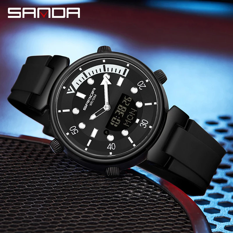 

Часы наручные SANDA мужские спортивные, водонепроницаемые кварцевые цифровые электронные в стиле милитари, с двойным дисплеем, 50 м