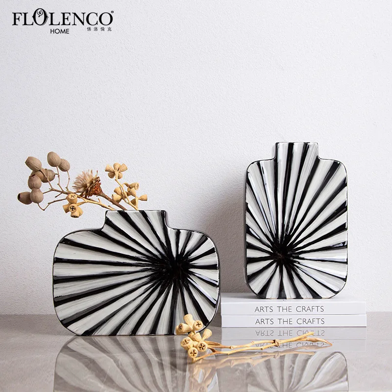 

Креативная Минималистичная керамическая ваза с черно-белыми полосками, модная гостиничная Цветочная композиция, домашняя декоративная ва...