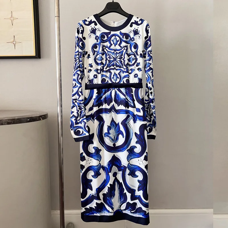 High Quality Women's Silk Dress Mediterranean Blue White Porcelain Print Long Sleeves Midi Dress Vacation Elegant Party 
High Quality Women's Silk Dress Mediterranean Blue White Porcelain Print Long Sleeves Midi Dress Vacation Elegant Party