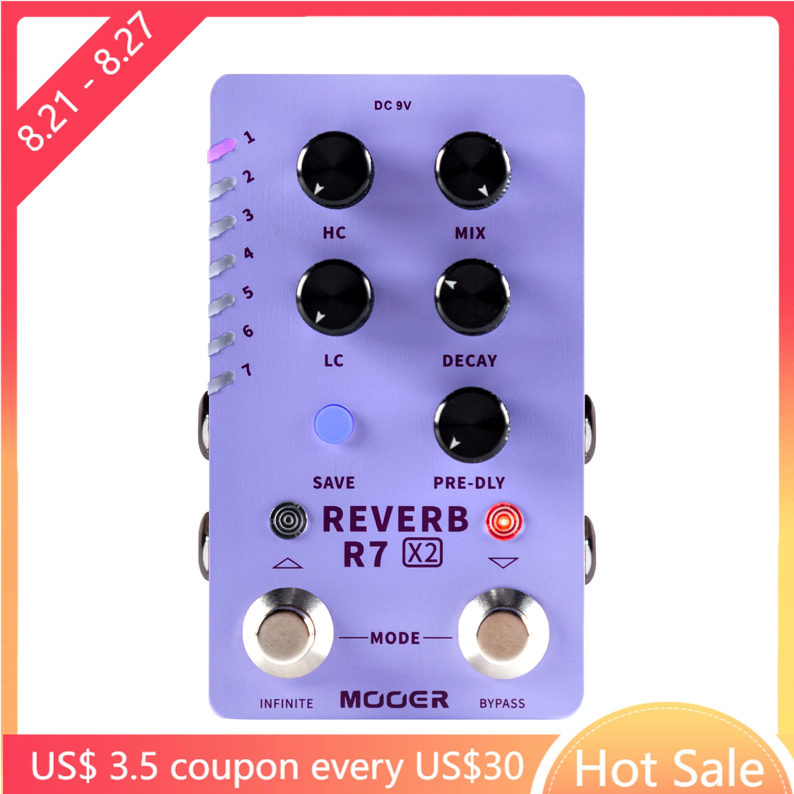 

MOOER R7 Reverb X2 Effect Pedal Guitar Dual Footswitch Stereo Reverb Pedal Effect with 14 Built-in Different Reverbs Effects